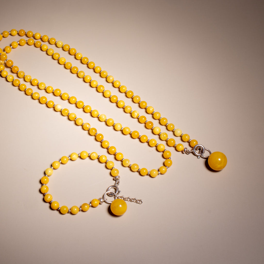 Conjunto de Âmbar Báltico Milky com Prata 925 – Colar 70 cm + Pulseira Ajustável