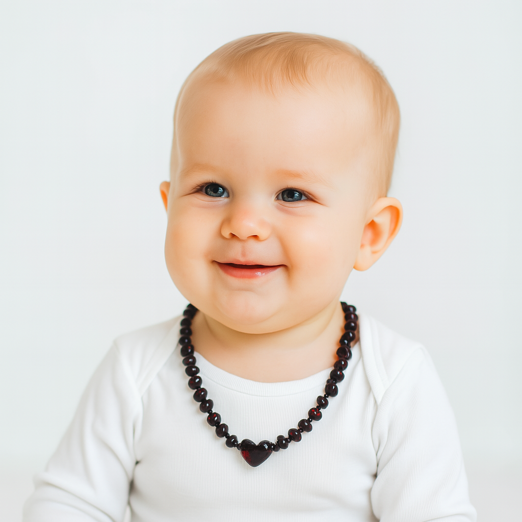 Colar de Âmbar Báltico Bebê Mel Claro com coração 32-33 cm